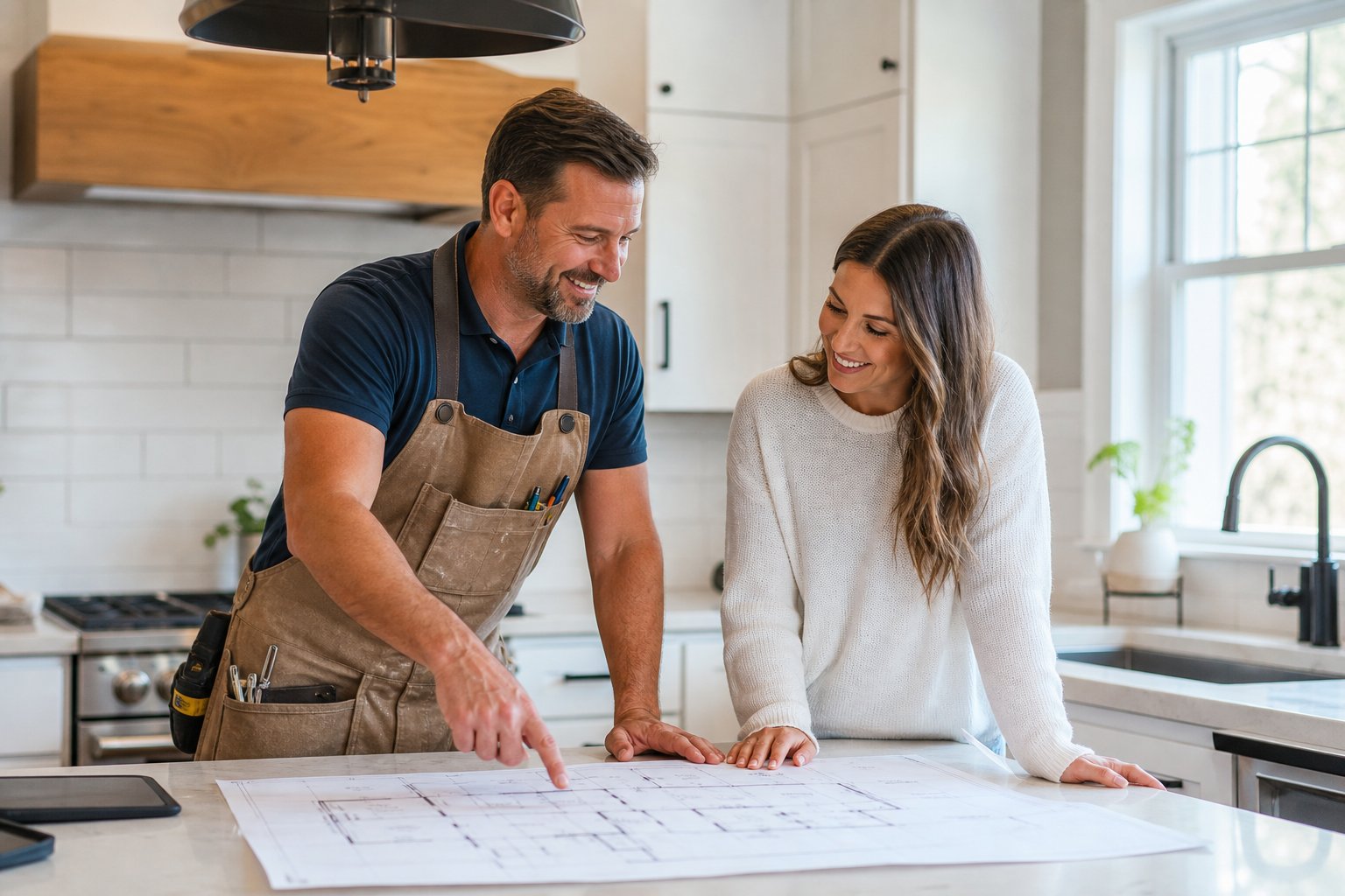 Home Decor Rework contractor reviewing renovation plans with a homeowner